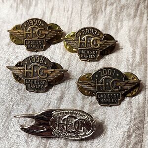 Harley Davidson HOG Set of 5 Ladies Pin Back Brass and Gold Commemorative Pins